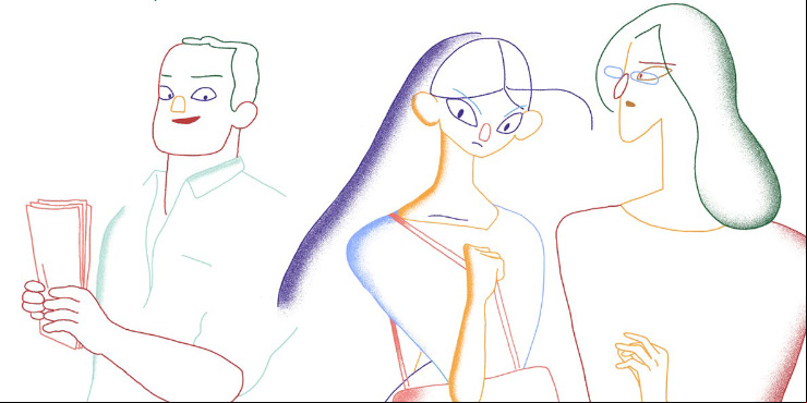 Illustration of a man staring insistently at two women.